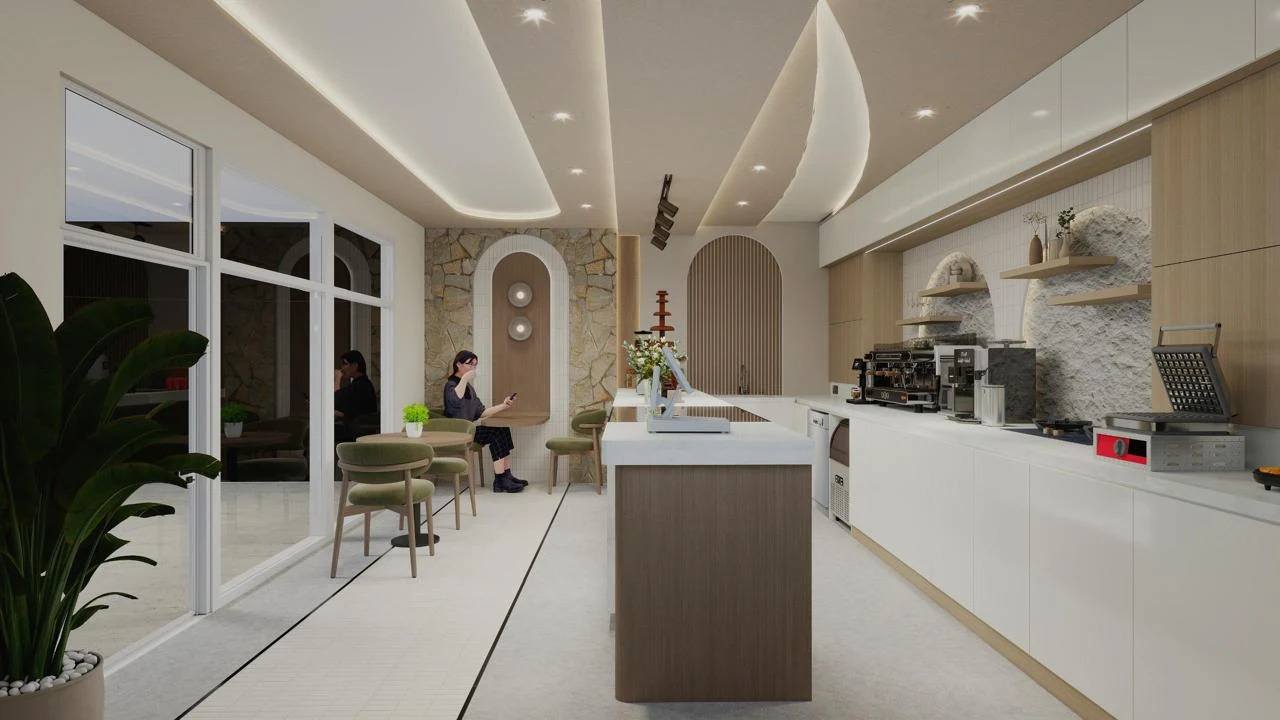 Bright café design with a long pale service counter, arched details and seating