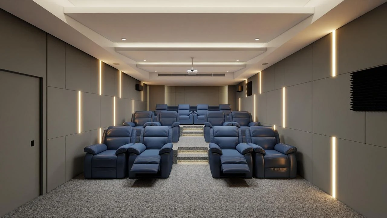 Home cinema design with blue reclining seats and warm linear wall lighting