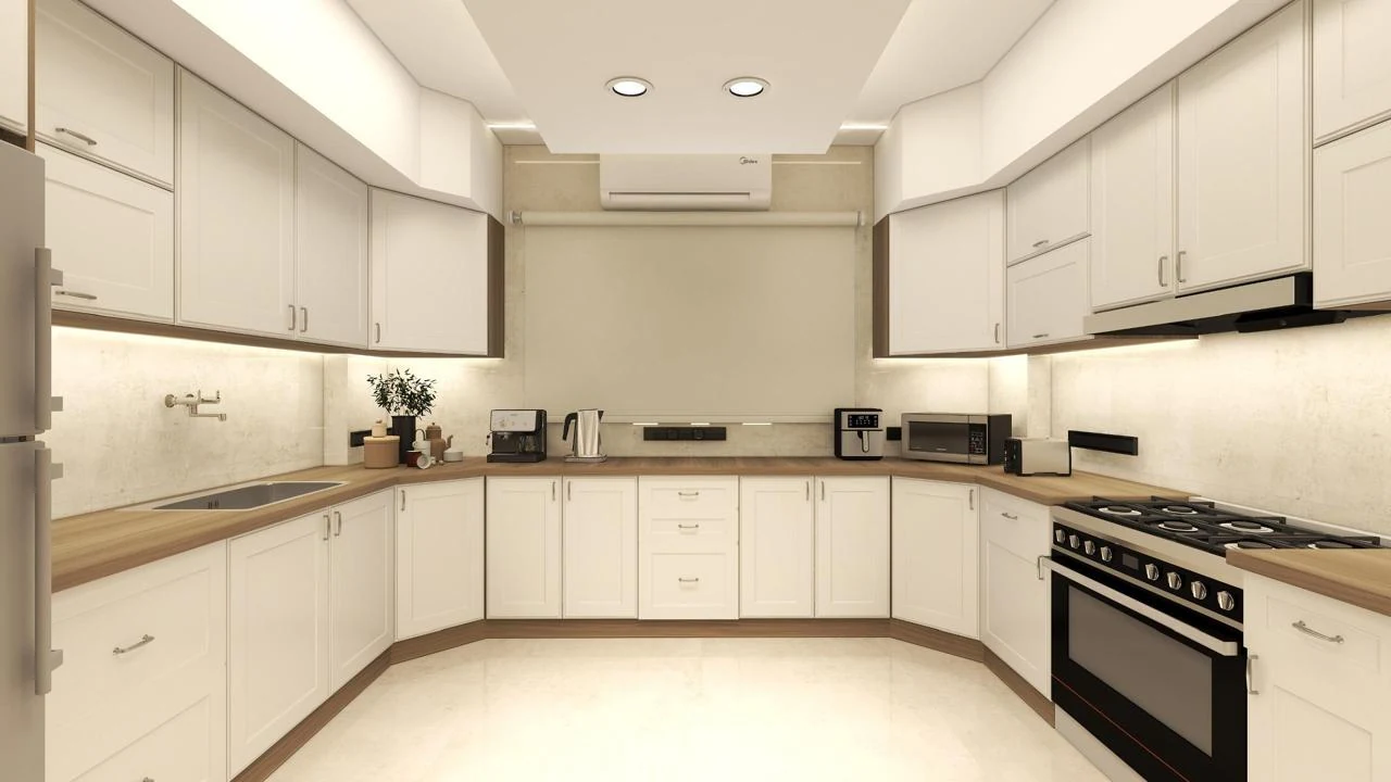 Kitchen perspective with pale cabinets and a dark countertop