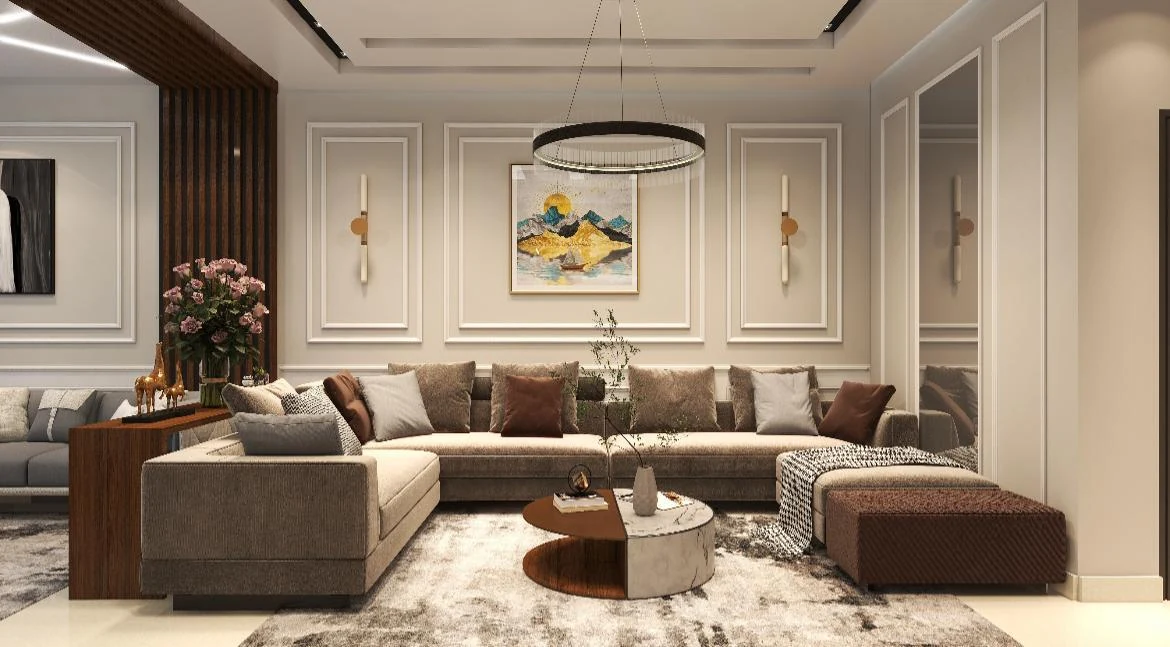 Living-room design with a ring pendant, timber slats and layered neutral seating