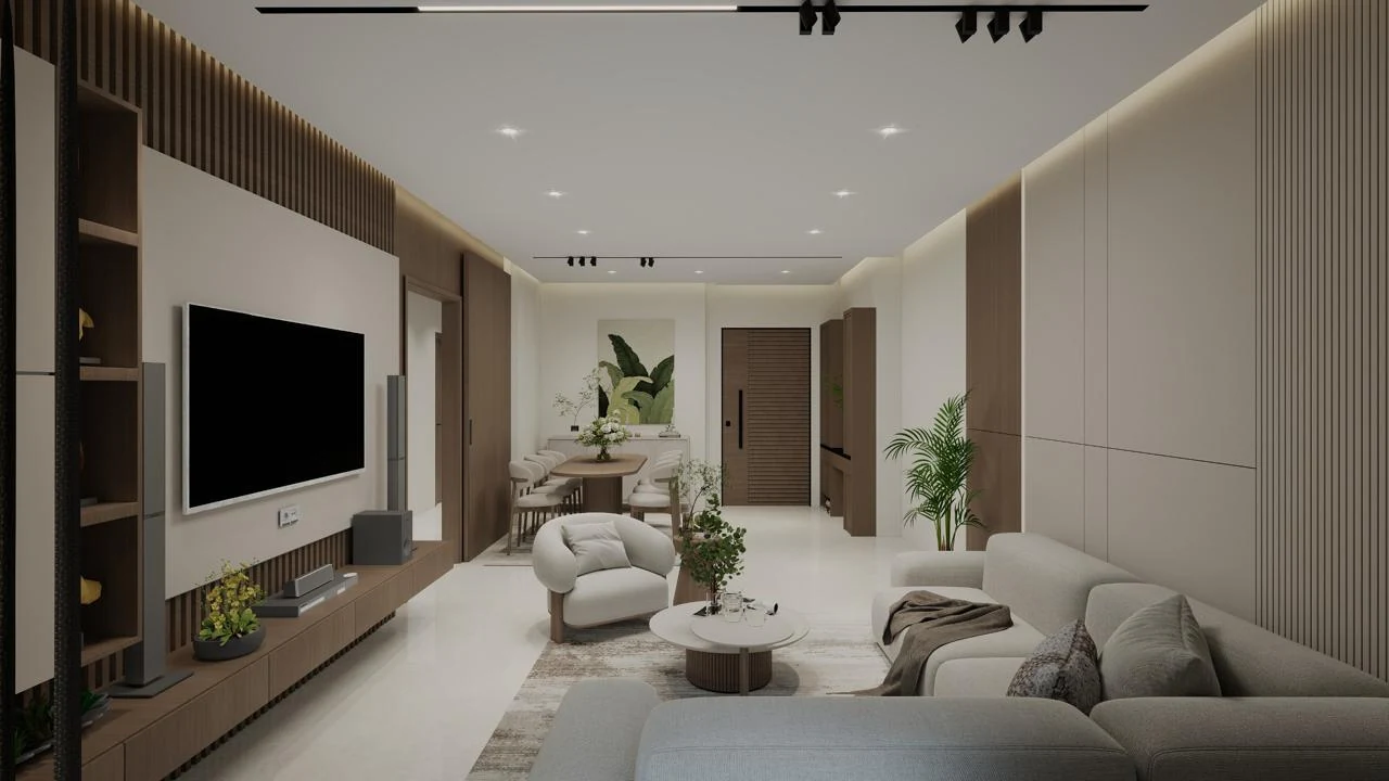 Long living-room perspective with a media wall, sofa and dining area